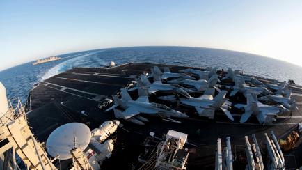 The Nimitz-class aircraft carrier USS Abraham Lincoln (CVN 72) breaks away from the fast combat support ship USNS Arctic (T-AOE 8) after an underway replenishment-at-sea in the Mediterranean Sea in this April 29, 2019 photo supplied by the U.S. ...