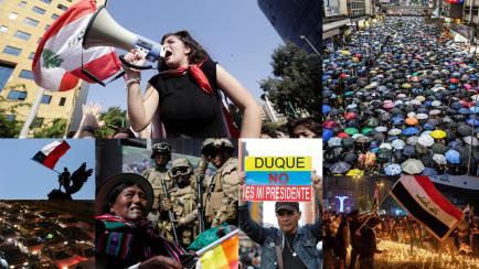 Imágenes de protestas en Beirut, Santiago de Chile, Teherán, Bagdad, Hong Kong, Bogotá y La Paz. 
