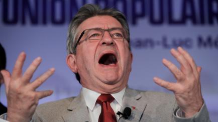 French far-left candidate Jean-Luc Melenchon comments on preliminary results of the first round of the presidential election in Paris, France, Sunday, April 10, 2022. Up to 48 million French voters headed to polling stations nationwide Sunday fo...