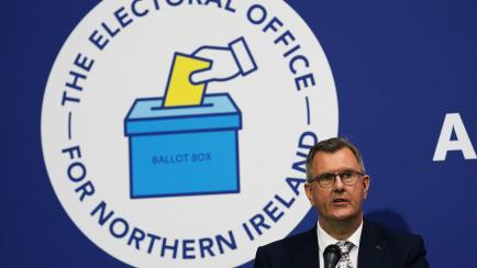 DUP leader Sir Jeffrey Donaldson makes a speech at Ulster University Jordanstown count centre in Newtownabbey as counting continues in the Northern Ireland Assembly Election. Picture date: Saturday May 7 2022. (Photo by Brian Lawless/PA Images v...