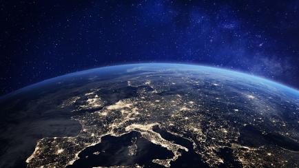 Europe at night viewed from space with city lights showing human activity in Germany, France, Spain, Italy and other countries, 3d rendering of planet Earth, elements from NASA (https://eoimages.gsfc.nasa.gov/images/imagerecords/55000/55167/eart...