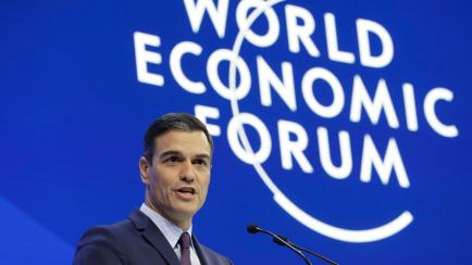 Spain Prime Minister Pedro Sanchez addresses the annual meeting of the World Economic Forum in Davos, Switzerland, Wednesday, Jan. 23, 2019. (AP Photo/Markus Schreiber)