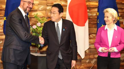 TOKYO, JAPAN - MAY 12: (----EDITORIAL USE ONLY - MANDATORY CREDIT - "YOSHIKAZU TSUNO / GAMMA PRESS / POOL" - NO MARKETING NO ADVERTISING CAMPAIGNS - DISTRIBUTED AS A SERVICE TO CLIENTS----) (From L to R) European Council President Charles Michel...