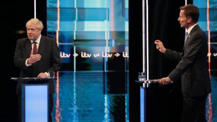 SALFORD, ENGLAND - JULY 09: (L-R) In this handout image provided by ITV,  Boris Johnson and Jeremy Hunt take part in the Jeremy Hunt and Boris Johnson debate Head To Head on ITV on July 9, 2019 in Salford, England. (Photo by Matt Frost/ITV via G...