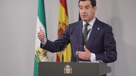 MADRID, SPAIN - JUNE 17: The President of the Junta de Andalucia, Juan Manuel Moreno Bonilla, offers a press conference after his meeting with the President of the Government, Pedro Sanchez, at the Moncloa Palace, on June 17, 2021. This is the f...
