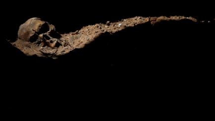 A human skull is seen inside one of the three mass graves that contain in total the remains of around 200 bodies believed to have been killed by Spain's late dictator Francisco Franco's forces during the civil war, at El Carmen's cemetery in Val...