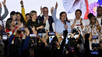 BOGOTA, COLOMBIA - MARCH 13: Colombia's presidential pre-candidate for the Colombia Humana party and left-winger coalition Pacto Historico, Gustavo Petro, celebrates after being elected as presidential candidate and the most voted among the thre...