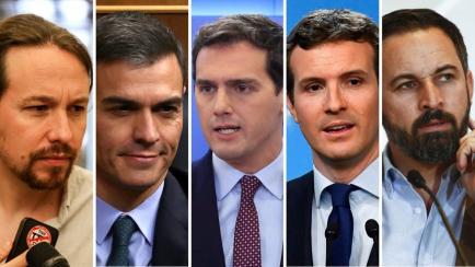 Pablo Iglesias, Pedro Sánchez, Albert Rivera, Pablo Casado y Santiago Abascal. 