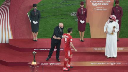 AL RAYYAN, QATAR - FEBRUARY 11: Bayern Munich player Robert Lewandowski receives the Golden Ball Cup attends the ceremony after Bayern Munich won the FIFA Club World Cup final match against Tigres at Education City Stadium in Al Rayyan, Qatar on...