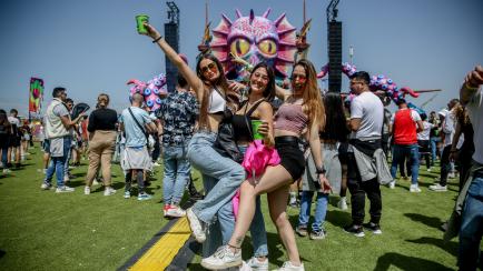 MADRID, SPAIN - APRIL 15: Attendees pose for the camera at the Elrow Town Madrid festival, at the Mad Cool space in Valdebebas, on 15 April, 2022 in Madrid, Spain. Elrow Town is one of the most important festivals of the moment that visits Spain...