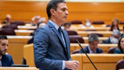 MADRID, SPAIN - APRIL 26: The President of the Government, Pedro Sanchez, speaks in a session of control of the Government in the Senate, on 26 April, 2022 in Madrid, Spain. This is the second time that the President of the Executive attends the...