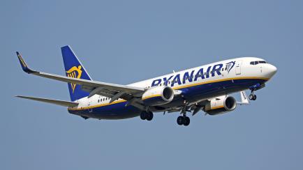The strike of the cabin crew of the Ryanair company continues to affect Spanish airports. Ten airports have suffered delays and cancellations, mainly those of Barcelona, Madrid, Palma de Mallorca and Malaga. In the photo, a Ryanair Boeing 737 la...