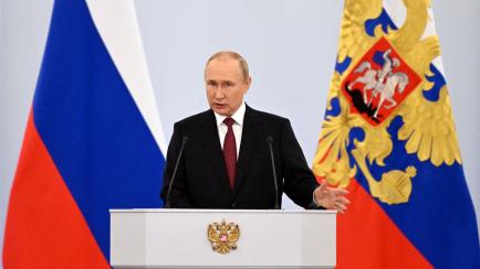 Putin, durante el discurso previo a la firma del tratado de anexión de los territorios ucranianos.