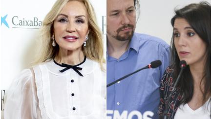 Carmen Lomana, Pablo Iglesias e Irene Montero.