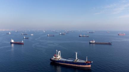 Buques comerciales, entre ellos los que forman parte del acuerdo sobre el grano del mar Negro, esperan para pasar el estrecho del Bósforo frente a las costas de Yenikapi en Estambul.