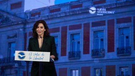 MADRID, SPAIN - NOVEMBER 05: The president of the Community of Madrid and the PP of Madrid, Isabel Diaz Ayuso, speaks during the closing ceremony of the XIII Extraordinary Autonomous Congress of New Generations of the PP, at the Adolfo Suarez Au...