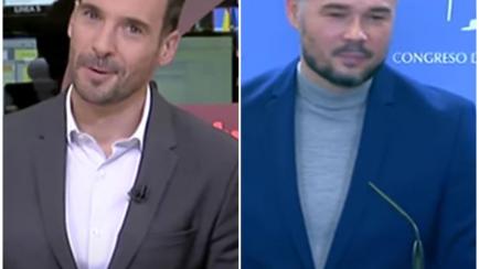Luis Gilera, presentador del 'Canal 24 Horas' de TVE, reacciona al intercambio de Rufián con un periodista.