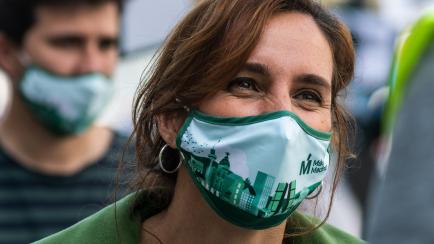 MADRID, SPAIN - 2021/03/14: Monica Garcia, Deputy in the Madrid Assembly for Mas Madrid party is seen wearing a face mask to protect against the spread of coronavirus during a protest in support of the public healthcare system and against the ma...