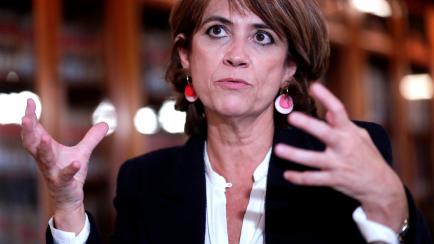 Spain's interim justice minister Dolores Delgado during an interview with The Associated Press at the Ministry of Justice in Madrid, Spain, Thursday, Oct. 31, 2019. Spain's interim justice minister says that political parties should stay away fr...