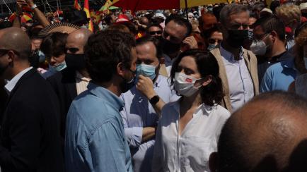 Pablo Casado and Isabel Diaz Ayuso take part at th demonstration against the pardons by the Spanish government of the Catalan political prisoners convicted for the ''proces'' in the Plaza de Colon in Madrid, Spain, on June 13, 2021. The demonstr...