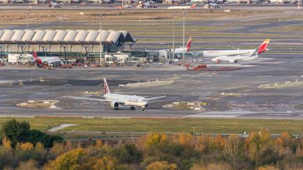 Madrid, Spain; 11/23/2019: Plane of the company Qatar Airways taking off from Adolfo Suarez Madrid Barajas airport