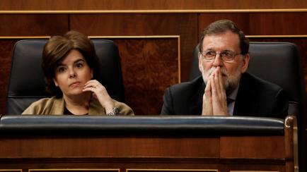 Spain's Prime Minister Mariano Rajoy and Deputy Prime Minister Soraya Saenz de Santamaria attend a 2018 budget plenary session at Parliament in Madrid, Spain, May 23, 2018. REUTERS/Paul Hanna
