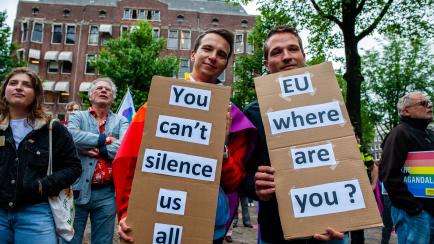 AMSTERDAM, NETHERLANDS - 2021/06/21: Two men seen holding placards asking for help to the Europe Union during the demonstration.
Last Tuesday, Hungarys parliament passed legislation that bans the dissemination of content in schools deemed to pro...