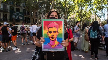 BARCELONA, CATALONIA, SPAIN - 2021/07/09: Protester is seen with a portrait of Samuel Luiz in LGBT colors during the protest.
Protesters take to the streets of Barcelona against LGTBI phobia and  the death of Samuel Luiz, a 24-year-old homosexua...
