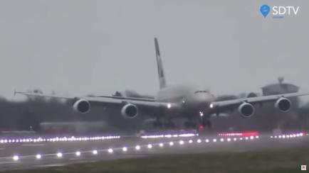 Etihad Airways Airbus A380 is pictured during severe crosswind landing at London’s Heathrow Airport, London, Britain, February 15, 2020 in this screen grab obtained by Reuters from social media video on February 16, 2020. SPEEDBIRDTV via REUTE...