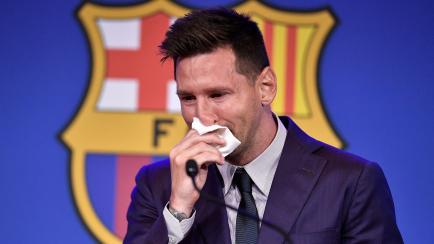 Barcelona's Argentinian forward Lionel Messi cries at the start of a press conference at the Camp Nou stadium in Barcelona on August 8, 2021. - The six-time Ballon d'Or winner Messi had been expected to sign a new five-year deal with Barcelona o...