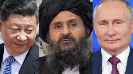 Xi Jinping, Baradar Akhund y Vladimir Putin.