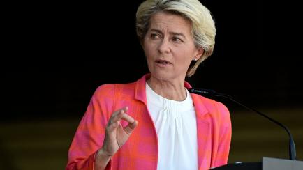 European Commission President Ursula von der Leyen gives a joint press conference with the Spanish prime minister and the European Council president as they visit a reception centre for Afghan refugees who worked for the European bloc at the Tor...