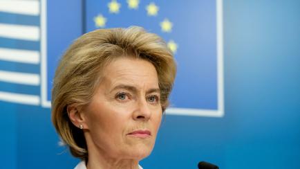 BRUSSELS, BELGIUM - MARCH 17: President of the European Commission Ursula von der Leyen is talking to media after EU leaders' video conference on COVID-19, caused by the novel coronavirus, at the European Council building on March 17, 2020 in Br...