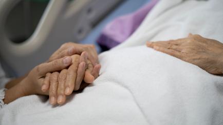 Close up picture of daughter holding hand of her mother to give her encourage on bed at the hospital.