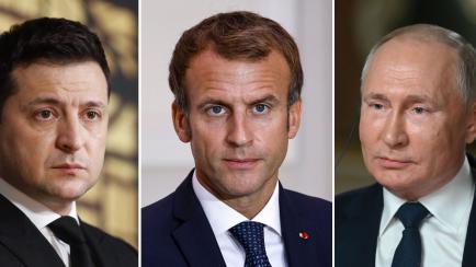(COMBO/FILES) This combination of file photographs created on February 4, 2022, shows (L) Ukraine's President Volodymyr Zelensky as he attends the Eastern Partnership summit in Brussels on December 15, 2021, (C) French President Emmanuel Macron ...