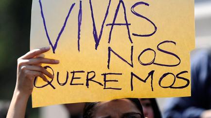 A woman in Mexico City holds a poster reading "Vivas Nos Queremos" (We Want To Stay Alive) as she takes part on October 19, 2016 in a march in solidarity for the brutal killing of a 16-year-old girl in Argentina where protesters held a one-hour ...