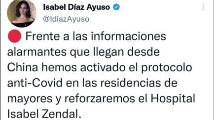 Captura de pantalla del tuit de Isabel Díaz Ayuso.
