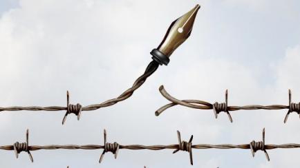 Freedom of expression concept as barbed wire tranforming to an ink pen as a metaphor for media freedom and journalism liberty or the power of creativity and the arts with 3D illustration.