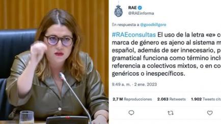 Ángela Rodríguez, junto al tuit de la RAE.