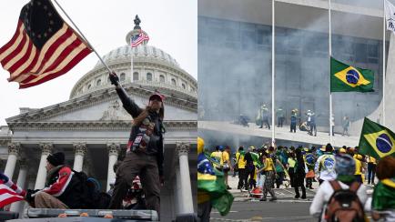 Combo de fotografías que muestra el asalto al Capitolio y el del Congreso de Brasil