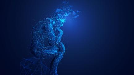 great thinker with broken head in wireframe polygonal style, brain thinking concept
