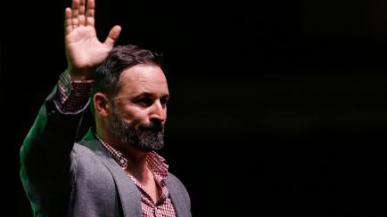 Spanish far-right Vox party president Santiago Abascal waves to supporters during a rally to launch the party's electoral campaign at La Farga in L'Hospitalet del Llobregat southwest of Barcelona, on October 31, 2019, ahead of the November 10 ge...