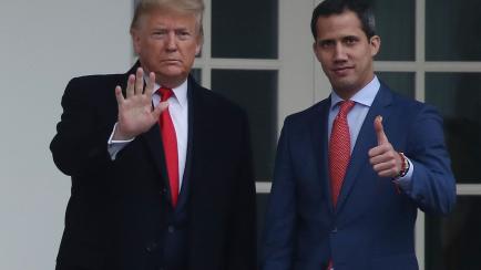 WASHINGTON, DC - FEBRUARY 05: U.S. President Donald Trump walks with Interim President of the Bolivarian Republic of Venezuela, after his arrival at the White House, on February 5, 2020 in Washington, DC. Later Today the U.S. Senate is expected ...