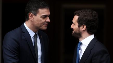 MADRID, SPAIN - FEBRUARY 17: The president of the Government, Pedro Sanchez (L), meets with the president of PP, Pablo Casado (R), at Moncloa on February 17, 2020 in Madrid, Spain. (Photo by Eduardo Parra/Europa Press via Getty Images) (Photo by...