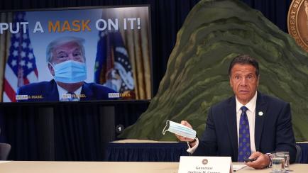 New York Governor  Andrew Cuomo speaks at a news conference on July 6 ,2020 in New York City where he announced that President Donald Trump is enabling the coronavirus pandemic by not wearing a mask and downplaying the problem. (Photo by TIMOTHY...