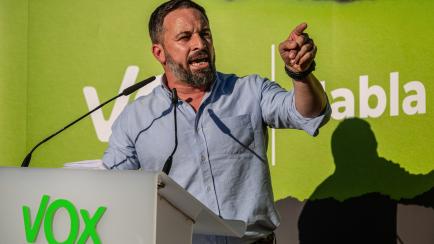 IRUN, SPAIN - 2020/06/27: Santiago Abascal, leader of the far right, speaks during the Basque election campaign.
Hundreds of anti-fascist demonstrators came to protest against the presence of the far-right VOX part, where Santiago Abascal, leade...