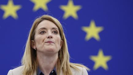 La presidenta del Parlamento Europeo, la maltesa Roberta Metsola, este lunes en la sede de Estrasburgo, durante el pleno.