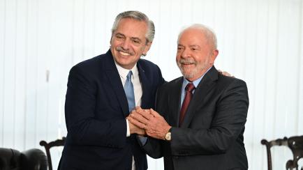 Alberto Fernández y Luiz Inacio Lula da Silva posan para la prensa durante un encuentro bilateral en Brasilia, el pasado 2 de enero.