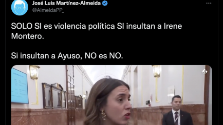 Tuit de @AlmeidaPP_ con un vídeo de Irene Montero (Podemos)