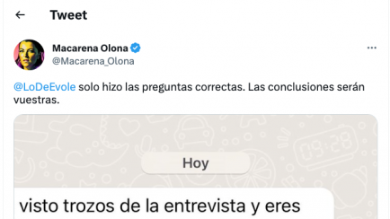 El tuit con el que Macarena Olona ha mostrado el mensaje de WhatsApp.